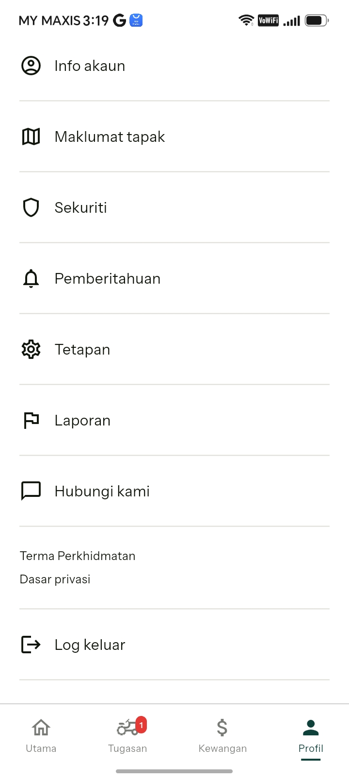 Buku Padi profile menu showing account, plot information, security, notifications and settings