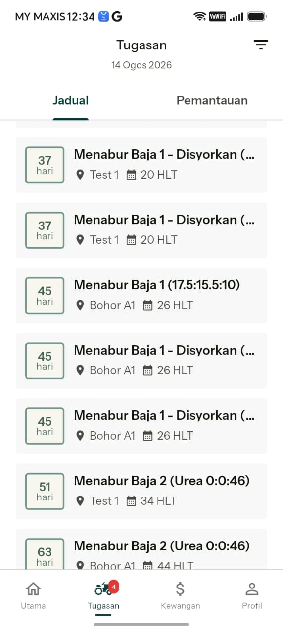 Task list showing scheduled tasks with days, plot names and HLT